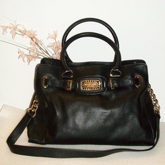MICHAEL KORS Black Leather Hamilton Rock & Roll East West Tote Bag 15" X 10.5"